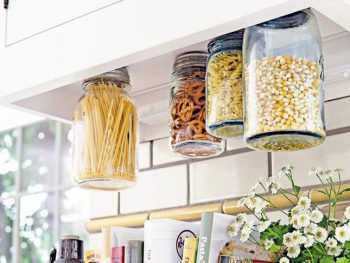 Mason jars, things to do with mason jars, mason jar organization, kitchen organization, kitchen organization hacks, popular pin, organization hacks, organization tips and tricks.