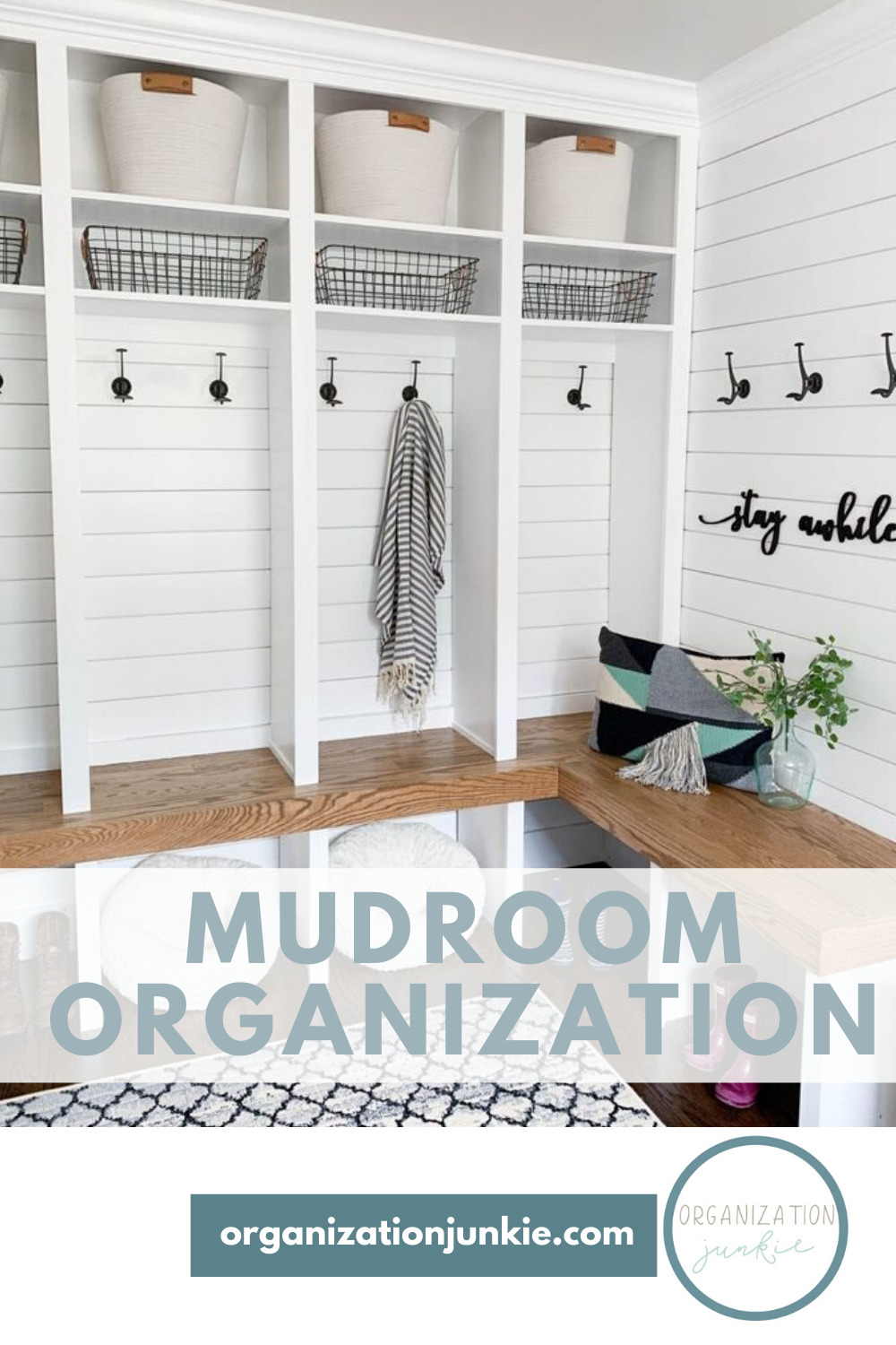 A mud room is great. Everyone can come in and take off their shoes, drop their backpacks and coats and not track junk into the rest of the house. But, if not organized the mud room can become a disaster. Read this post to learn how to get your mud room organized so you love it. #mudroomideas #organizatontips #organizationjunkieblog