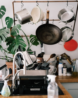 Pots and pans on a hanging rack