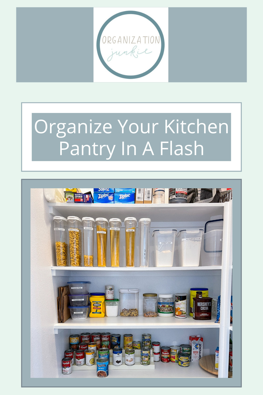 Organizationjunkie.com is stacked with creative ideas for keeping a clean and organized space. Find out how you can wipe out clutter in an instant. These clever ideas will have your kitchen pantry totally organized in no time!